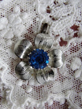 LOVELY Vintage 1950s Silver Metal and Sapphire Blue Stone Flower Pendant Perfect Bridal Necklace Collectible Old Costume Jewelry