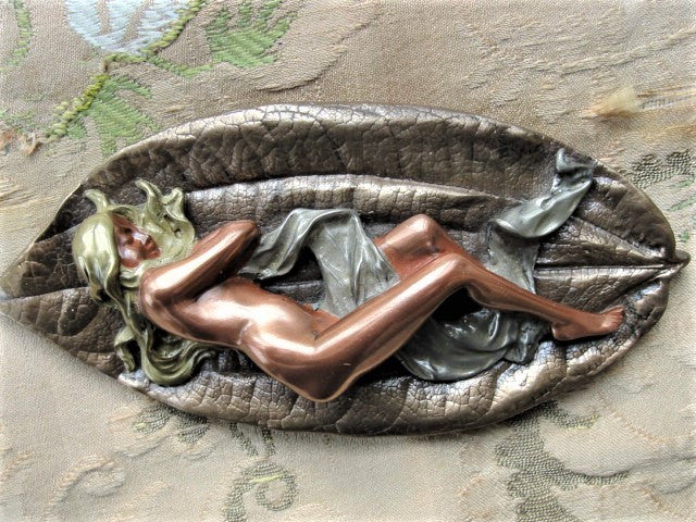 BEAUTIFUL Vintage 70s Art Nouveau Style Nude NYMPH FIGURINE On A Leaf 4 Color Bronze Giovanni Schoeman 70s Sculpture