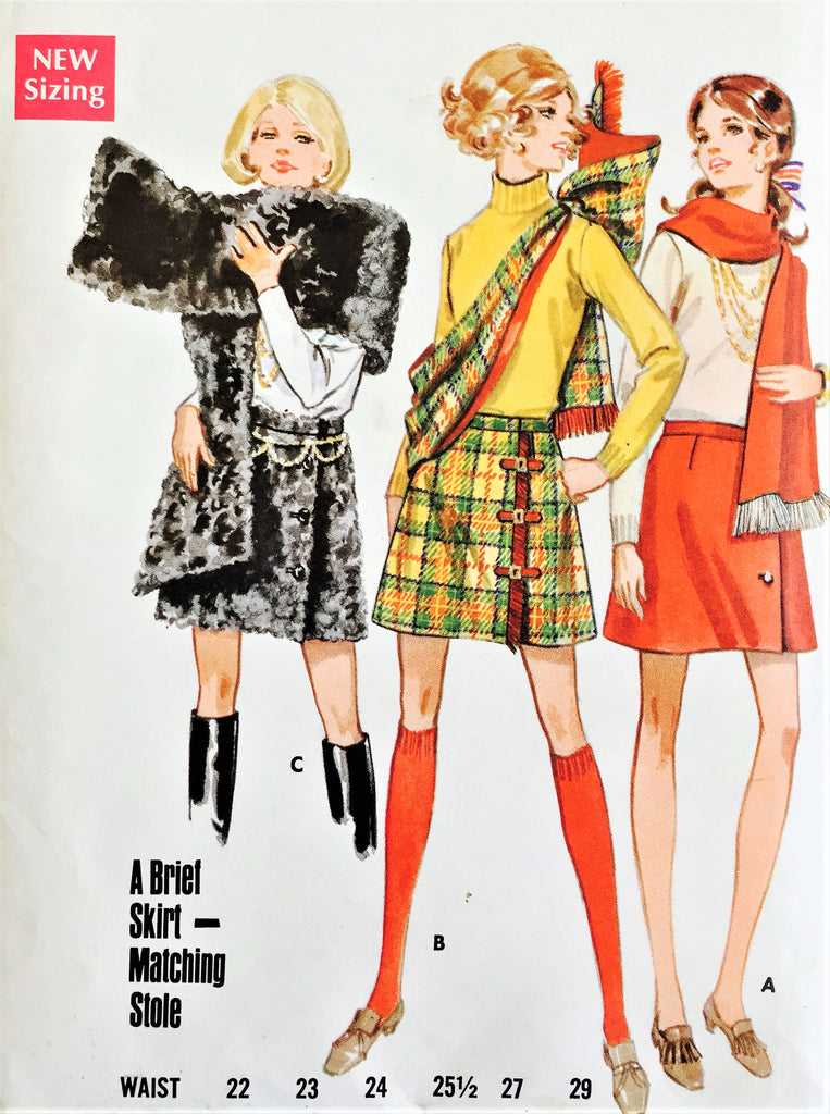 60s MOD Mini Skirts and Stole Pattern BUTTERICK 5489 Three Cute Styles Side Wrap, Kilt, Button Closing Waist 24 Vintage Sewing Pattern FACTORY FOLDED