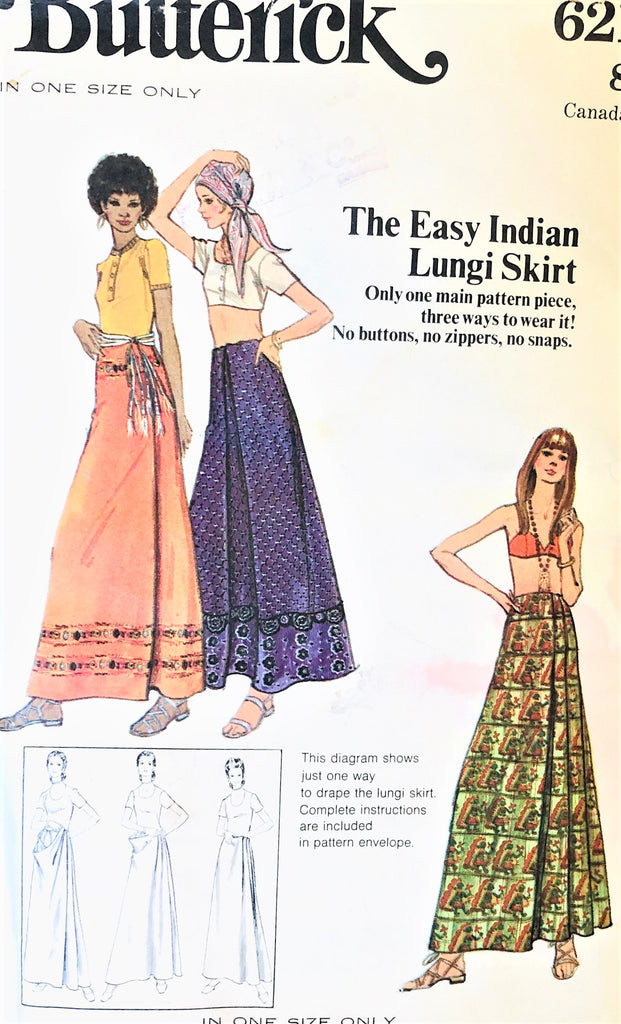 1970s Easy India Inspired Lungi Skirt Pattern BUTTERICK 6211 Bohemian BoHo Style,Maxi Skirt,Beach Wear Easy To Sew and Wear One Size Vintage Sewing Pattern