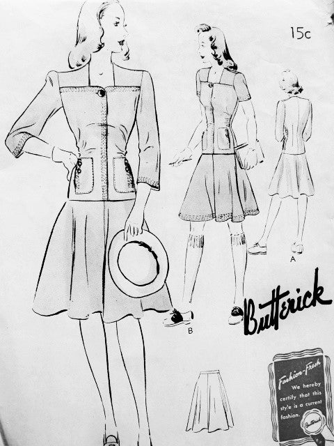 1940s CUTE Two Pc Frock Dress Pattern BUTTERICK 9392 Longer Length Overblouse Flared Skirt Pretty Style Details Bust 36 Vintage Forties Sewing Pattern FF