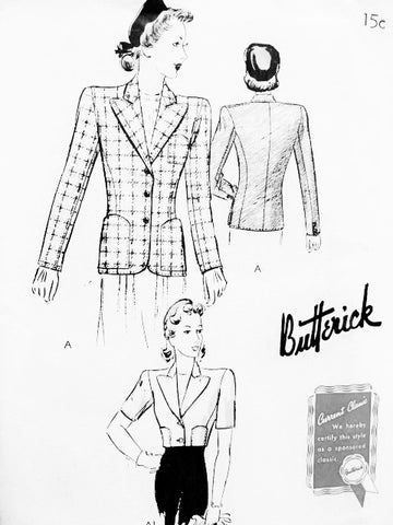 1940s CLASSY Jacket Blazer Pattern BUTTERICK 9313 Beautiful Design in 2 Lengths Day or Evening Bust 30 Vintage Forties Sewing Pattern FACTORY FOLDED