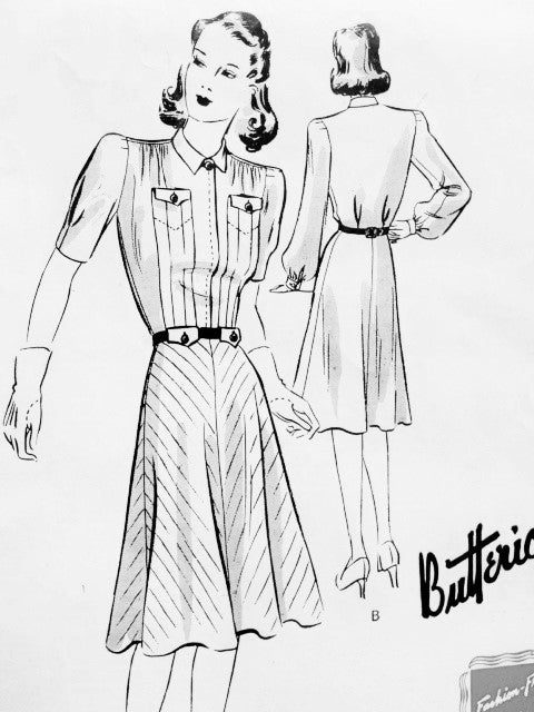 1940s STYLISH Frock Dress Pattern BUTTERICK 9327 Flattering Bias or Straight Cut Skirt WW II Dress Bust 40 Vintage Forties Sewing Pattern Factory Folded