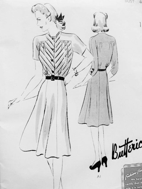 1940s FLATTERING Frock Dress Pattern BUTTERICK 9375 Lovely Bodice and Flippy 6 Gored Skirt Bust 44 Vintage Forties Sewing Pattern Factory Folded