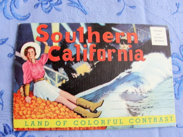 1940s LINEN POSTCARD Longshaw Co Southern CALIFORNIA Land of Colorful Contrast 12 View Fold Out Souvenir Postcard Unused