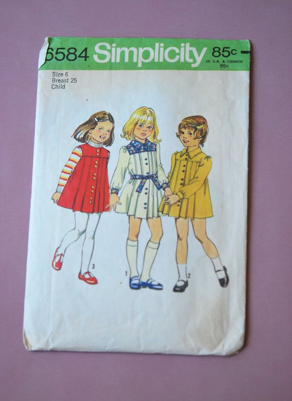 1970s Vintage Simplicity Girl's Jumper Dress Sewing Pattern 6584 Size 6 Chest 25