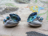 DAZZLING Signed Continental Blue Green Aurora Borealis Rhinestone Sivertone Clip On Earrings Vintage Costume Jewelry