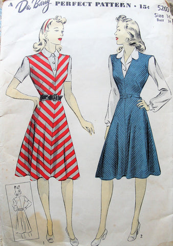 1940s Jumper Dress and Blouse Pattern Du Barry 5260 V Neckline Jumper,Blouse with 2 Versions, Bust 34 WW II Era Vintage Sewing Pattern