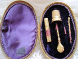 Antique Victorian French Sewing Kit Etui Lustrous Mother of Pearl Gilt Hinged Case Needlework Sewing Tools