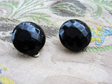 LOVELY Vintage 1950s French Jet Clip On Earrings Faceted Black Glass Clip Ons Costume Jewelry