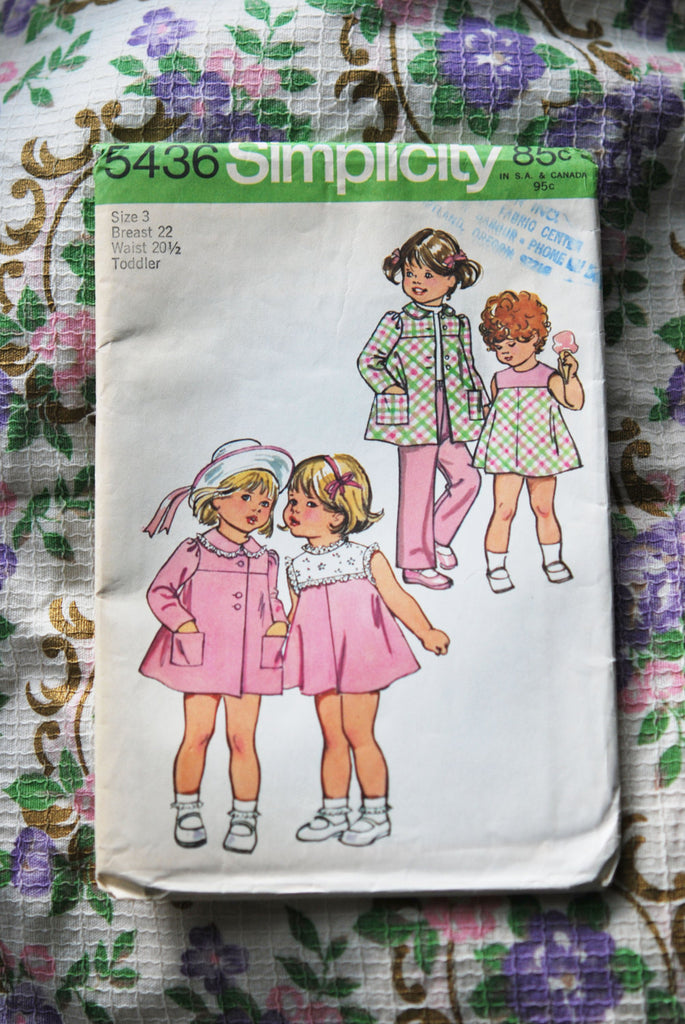 1970s Toddler pants, dress, coat Simplicty 5436 retro vintage sewing pattern