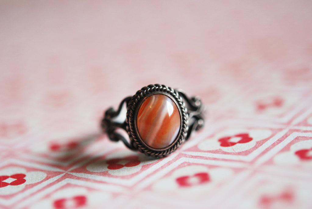 Antique Sterling Silver Banded Agate Ring 1800s