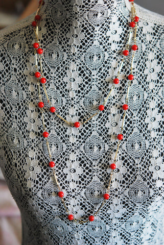 Vintage 60s FLAPPER Style Long Necklace Red Beads and Gold Tone Metal Vintage Costume Jewelry