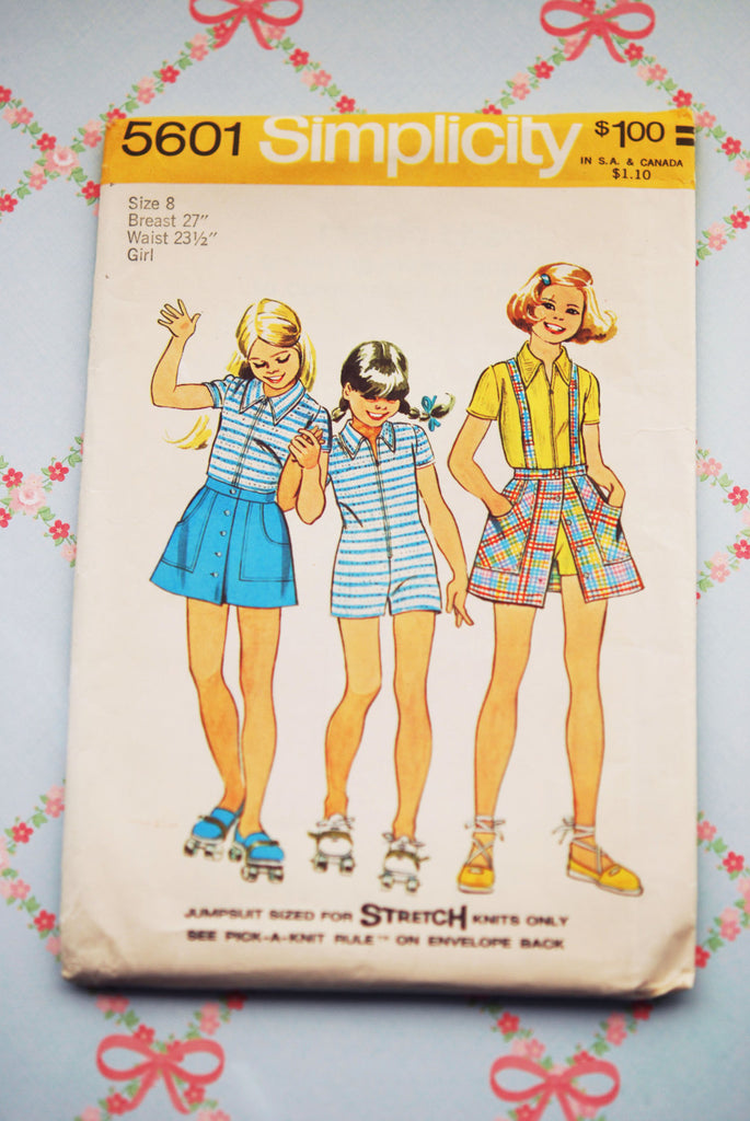 1970s Retro Girl's Jumpsuit and Mini-Skirt with Detachable Suspenders Simplicity Pattern 5601 Vintage Sewing