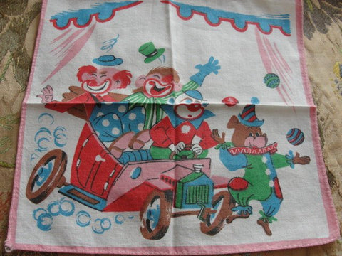 ADORABLE Vintage Child's Handkerchief Clowns Bear Circus Model T Childrens Printed Hanky Colorful Hankies Childrens Room Decor