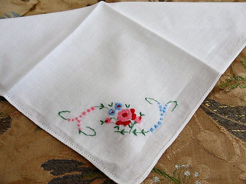 LOVELY VINTAGE HANKIE,Handkerchief,Delicate Dainty Hand Embroidered hanky,Sweet Raised Flowers,French Country,Collectible Vintage Hankies