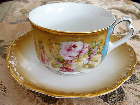 BEAUTIFUL Victorian Teacup and Saucer Pink Roses Lush Cabinet Cup and Saucer Tea Time China