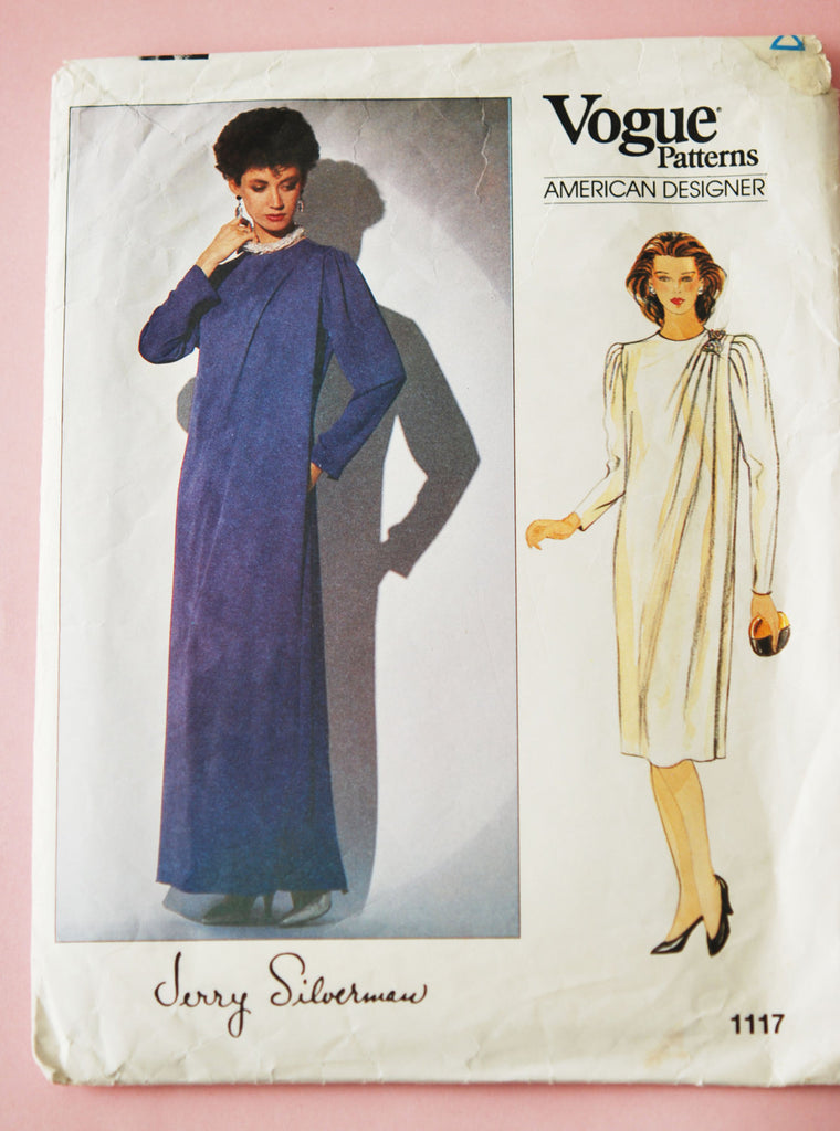 Retro 80s Vogue Patterns 1117 America Designer Jerry Silverman Dress Two Lengths Sewing Pattern Vintage Size 18