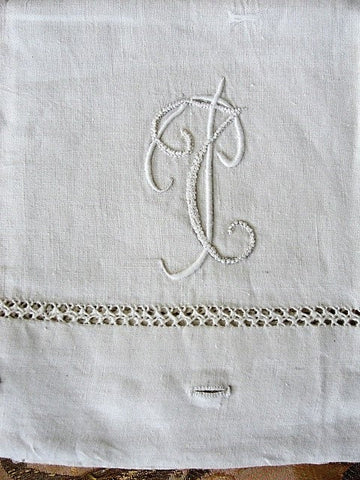 GORGEOUS Antique Linen Pillowcase French Country Farmhouse Linens,Pillow Sham,Raised Embroidery Monogram,China Button Closing Vintage Linens