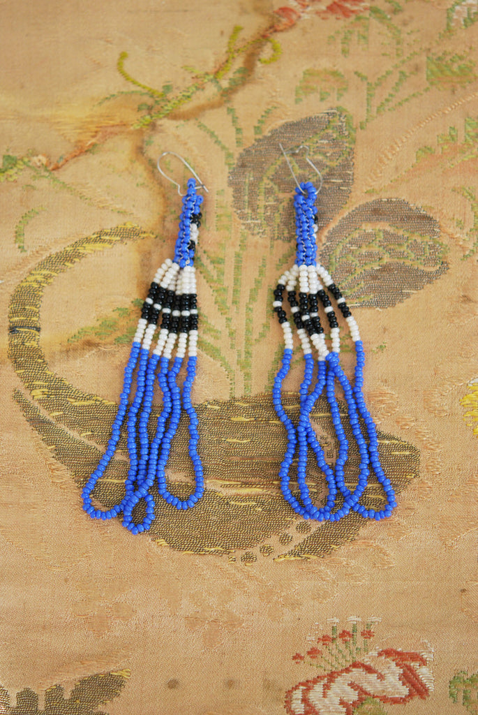 Vintage 70s Native Indigenous Beaded Earrings Beautiful Colors Blue White Black Beads Aboriginal Retro