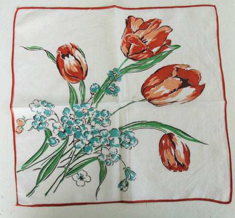 Vintage 1950s Hanky Tulip and Forget-Me-Not Flowers Handkerchief Never Used Hankie Floral