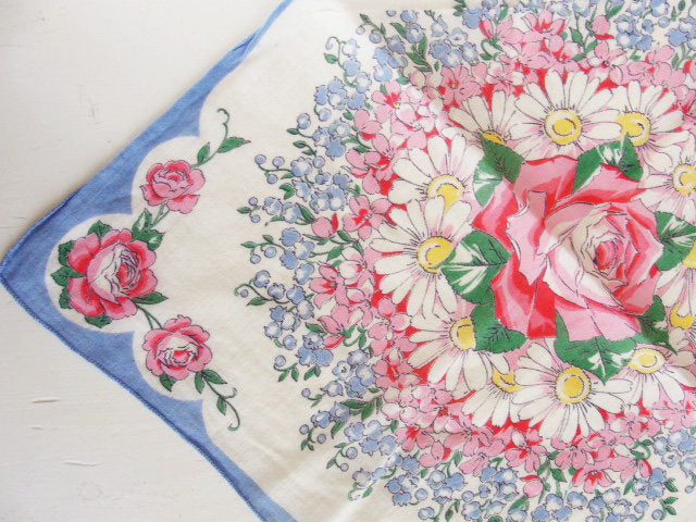 Vintage 1940s Floral Hankie Pink Roses with Daisies and Lily of the Valley Handkerchief Flowers Hanky