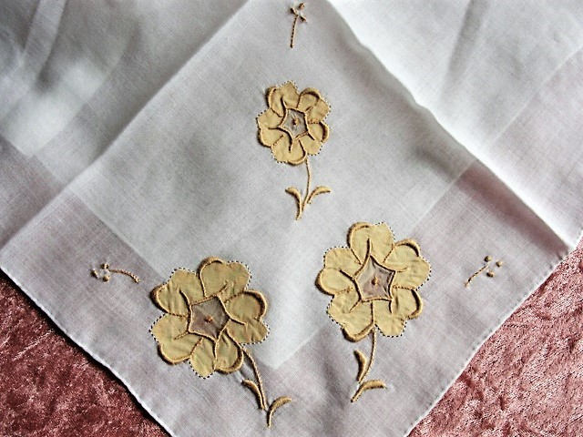LOVELY Vintage Madeira Embroidered Applique Golden Autumn Taffeta Flowers Hankie BRIDAL WEDDING Handkerchief  Marghab Something Old Hanky