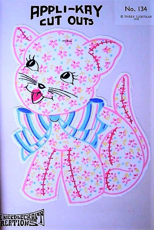 RARE 1940s Pink Chintz KITTEN Fabric Applique AppliKay Cut Outs Home Needlecraft Creation Number 134 Frame It, Sew, Decorating Kawaii