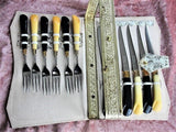 RARE Glo Hill Cased Atomic Mr and Mrs SteakMates Bakelite Steak Knife Set Mid Century Tiki Eames Era Vintage Cutlery Set FANTASTIC NeverUsed