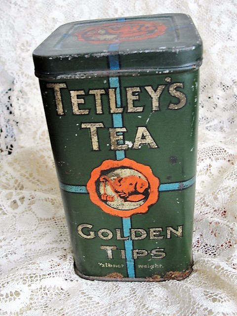 CHARMING English Antique TETLEY TEA Hinged Lid Canister Tin Te Caddy Tin Half Pound Golden Tips Tin Farm House Decor Advertising Tea Tin