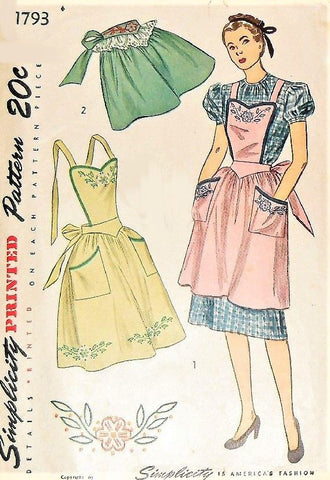 1940s CHARMING Aprons Pattern SIMPLICITY 1793 Three Pretty  Apron Styles Includes Embroidery Transfer Vintage Sewing Pattern