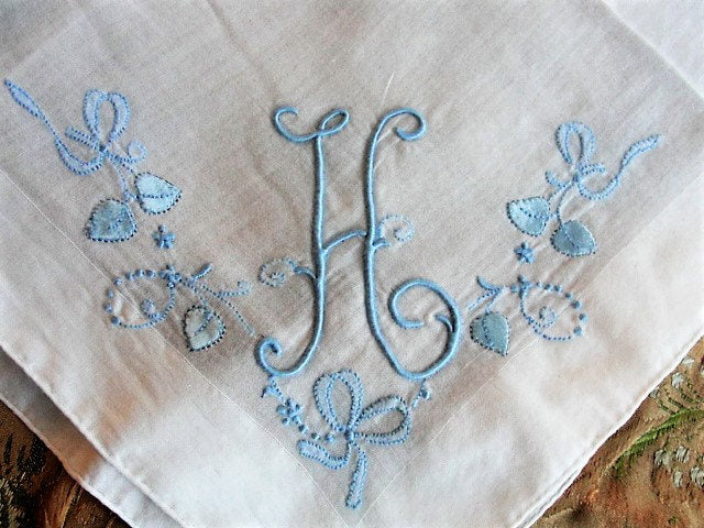 BEAUTIFUL Vintage Madeira Embroidered Applique Satin Flowers Hankie BRIDAL WEDDING Handkerchief Bridal Hanky Monogram H Something Blue
