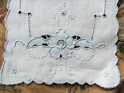 VINTAGE Madeira Creamer and Sugar Tray Cloth Mat Doily Blue Hand Embroidered Seed Embroidery Cottage Farmhouse Decor Vintage Table Linens