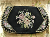 LOVELY Antique Petit Point Needlework Tapestry Purse Colorful Roses Handbag Evening Clutch Pastel Colors with Black Bag Collectible Purses
