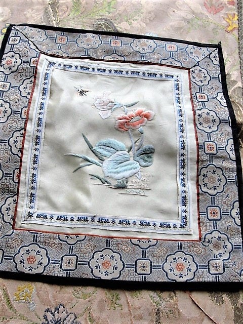 VINTAGE Silk Wall HangingTextile Chinese Embroidered Flowers and Butterfly Elegant Mid Century Oriental Asian Decor Collectible Embroidery