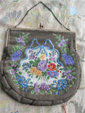 LOVELY Antique French Silk Petit Point Needlework Purse, Colorful Roses Handbag, Violets Flowers Blue Ribbon Bag,Chateau Decor ,Collectible