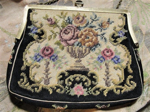 LOVELY Antique Petit Point Needlework Purse, Colorful Roses Flowers Handbag, Urn Full of Flowers Bag,Chateau Decor ,Collectible
