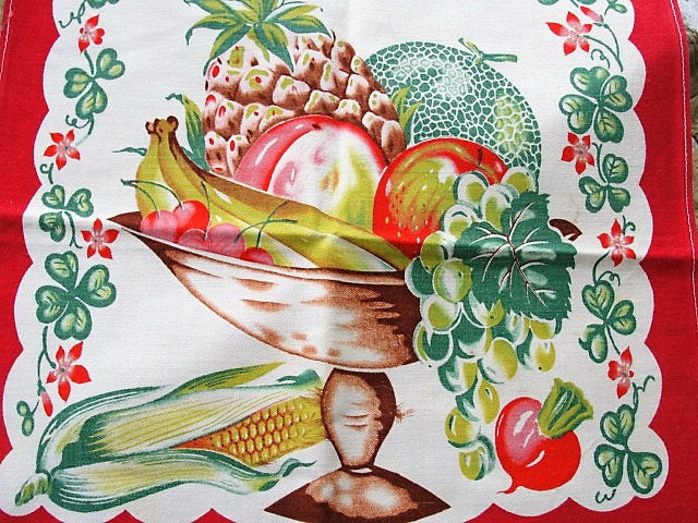 VINTAGE Colorful 1940s Printed Kitchen Towel ,Dish Towel, Tea Towel, Fruit Vegetables Table Runner, Farm House Decor French Country Linens