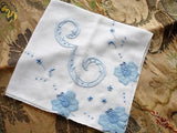 LOVELY Vintage Madeira Embroidered Applique Blue Roses Monogram E Hankie BRIDAL WEDDING Handkerchief Special Hanky Marghab Something Blue