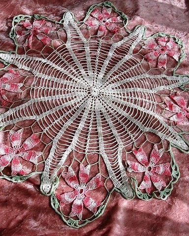 BEAUTIFUL Large Vintage Doily Pink Flowers, Spider Web Like Crocheted Centerpiece, Farmhouse Romantic Cottage Decor, Collectible Doilies