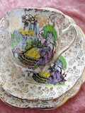 VINTAGE Pompadour Crinoline Lady Chintz Winterton, Longton England TRIO, Teacup n Saucer,Tea Plate Art Deco Collectible Cups Chintz China