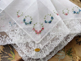 LOVELY Vintage BRIDAL Hanky,Wedding Handkerchief WIDE French Lace Hankie,Embroidered Pink and Blue Roses,Something Old Collectible Hankies