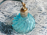 VINTAGE Lovely Aqua Blue Glass Perfume Bottle Atomizer,Vanity Display Scent Bottle, Long Silk Tassel, Collectible Perfume Bottles