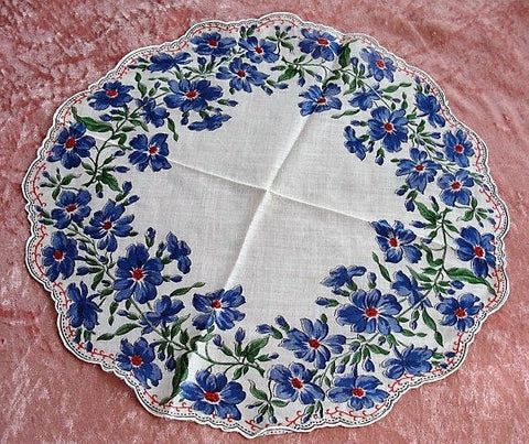 50s VINTAGE Printed Blue Flowers ROUND Hanky, Colorful Floral Handkerchief,Collectible Hankies,Shabby Chic,Hankies To Collect