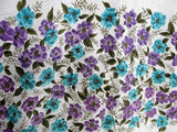 50s MID CENTURY Colorful Printed Tablecloth Blue Purple Flowers 60 by 48 inches Kitchen, Tea Table, Bridal Showers Collectible Tablecloths