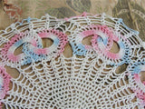 BEAUTIFUL Vintage Doily Pink Blue Love Knots Creamy White Hand Crocheted Doily Farmhouse Decor, Romantic Cottage Decor, Collectible Doilies