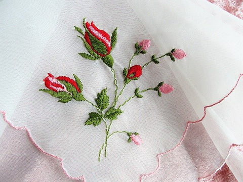 1950s VINTAGE Bridal Handkerchief Hanky Delicate Dainty Embroidered Dreamy Nylon Hankie ROSES,Something Old Bridal Gift,Collectible Hankies