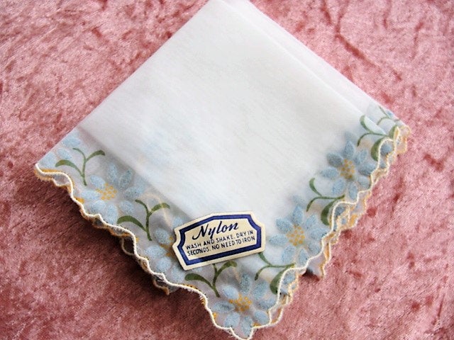 1950s VINTAGE Bridal Handkerchief Hanky Delicate Dainty Blue Flowers Nylon Hankie,Original paper label, Something Old Bridal Bridesmaid Gift