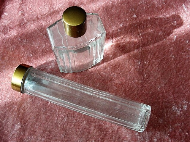 LOVELY Vintage ART DECO Scent Perfume Bottle Cologne Bottle Quality Glass n Gold Tone Metal Caps, Vanity Boudoir Decor, French Chateau Decor