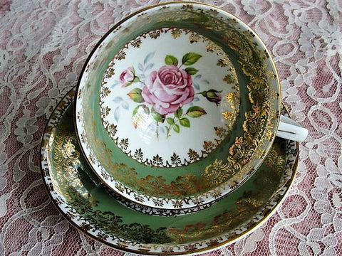 VINTAGE Royal Stafford English Bone China Sumptuous Wide Teacup and Saucer Lush PINK Roses Pattern Lavish Gold Trim Pedestal Cup and Saucer